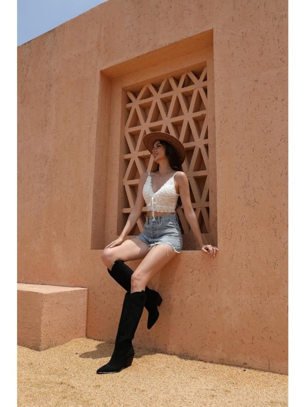 Knee High Cowgirl Boots for Women - Pointed Toe, Block Heel, Embroidered Suede - Picture 5 of 8